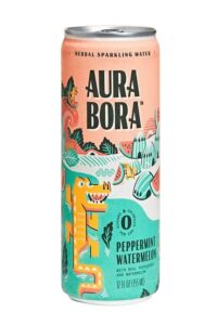 A can of aura bora peppermint watermelon mineral sparkling water.