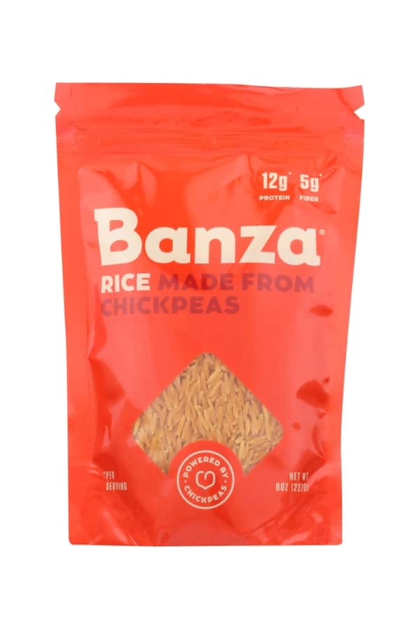 A bag of Banza rice made from chickpeas.