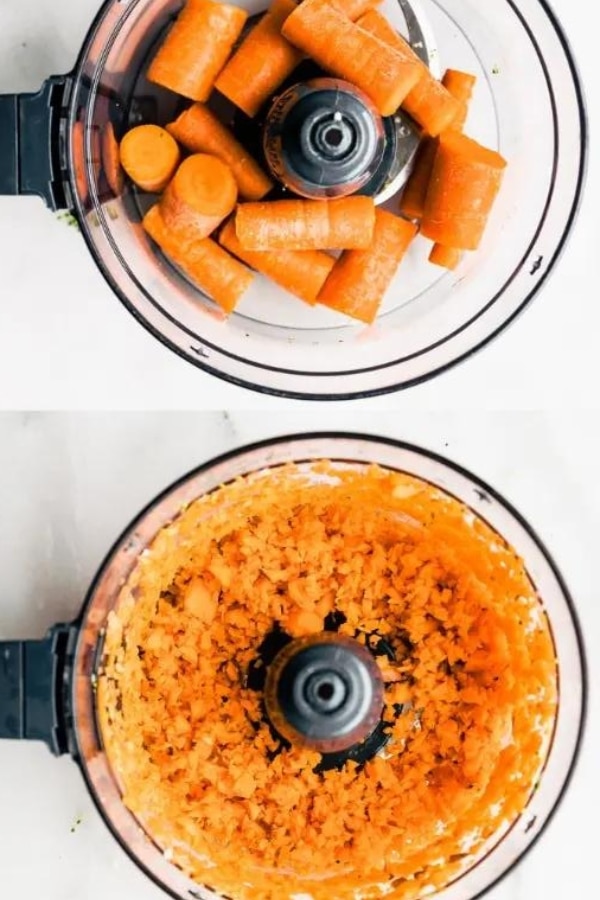 A food processor with cut carrots in it and below that is a food processor with carrot rice in it.