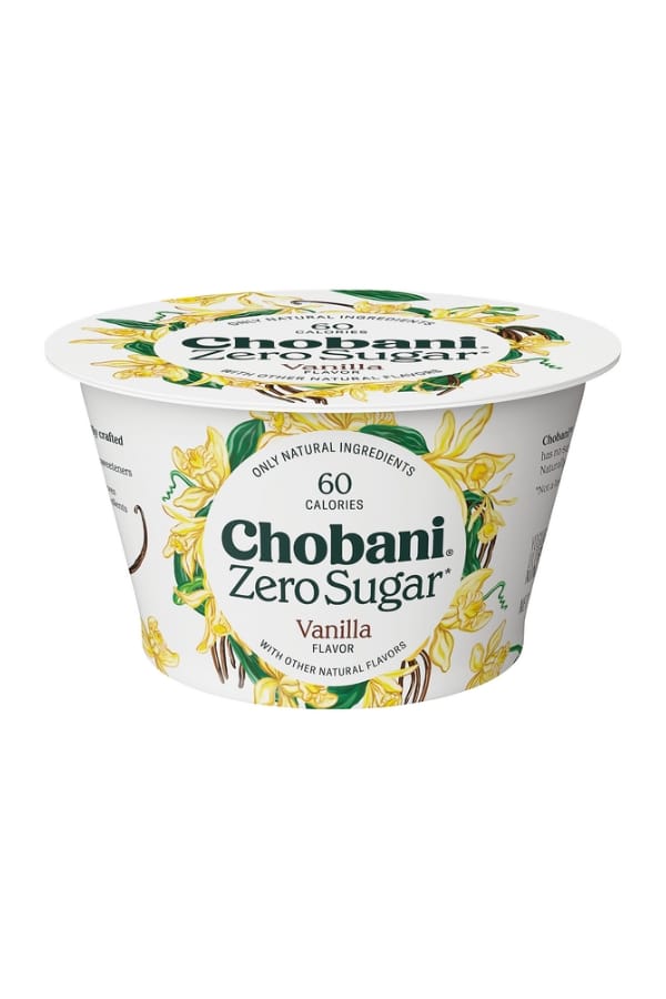 A conatiner of chobani zero sugar yogurt.