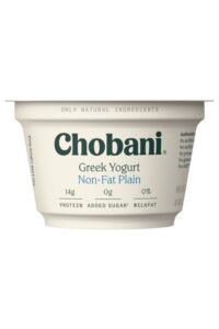 A conatiner of Chobani greek yogurt non fat plain.