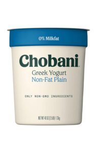 A container of Chobani greek yogurt 0% milkfat.