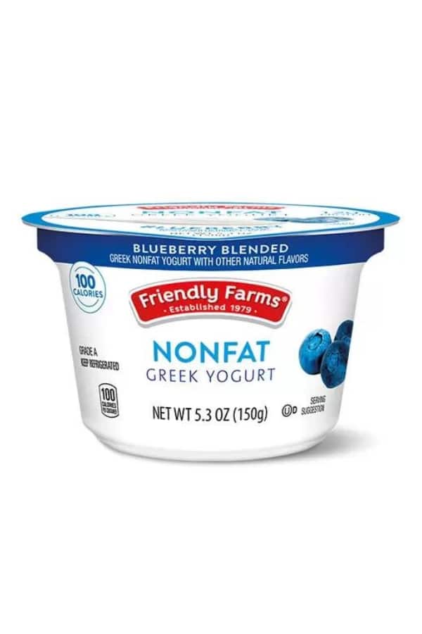 A container of Friendly Farms nonfat Greek yogurt.