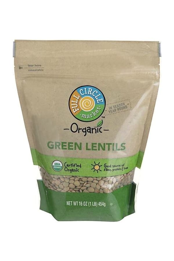 A bag of organic green lentils.