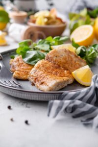 Two grilled halibut filets on a grey plate served with salad and lemon wedges.