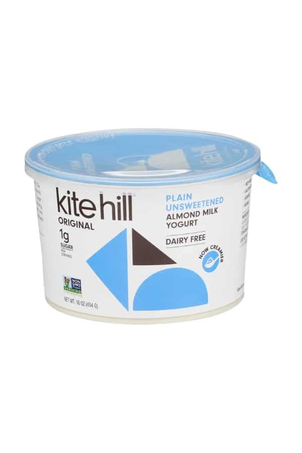 A container of kitehill plain unsweetened almond milk.