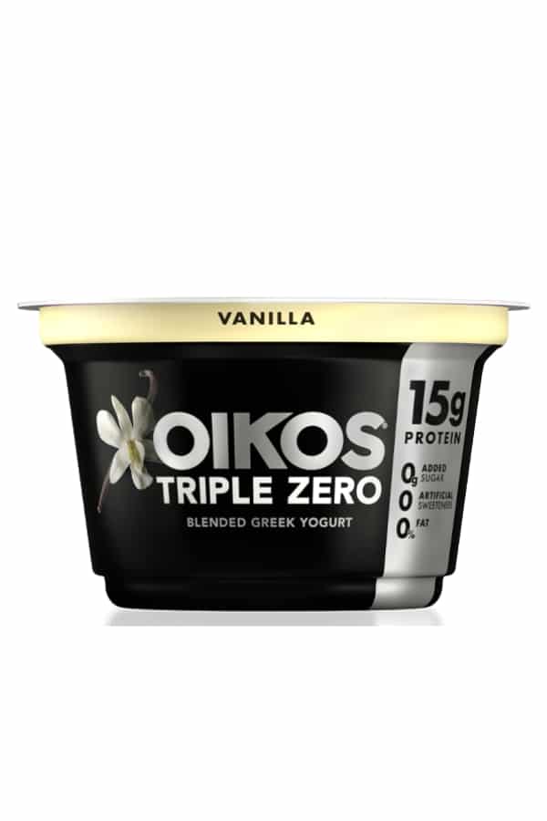 A container of Oikos triple zero vanilla yogurt.