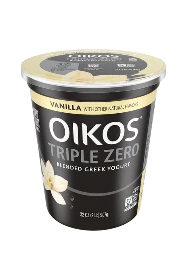 A container of Oikos triple zero yogurt.