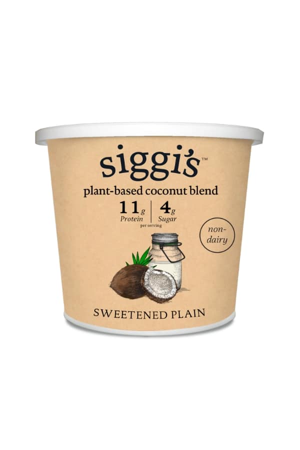 A container of siggi's plant based coconut blend yogurt.