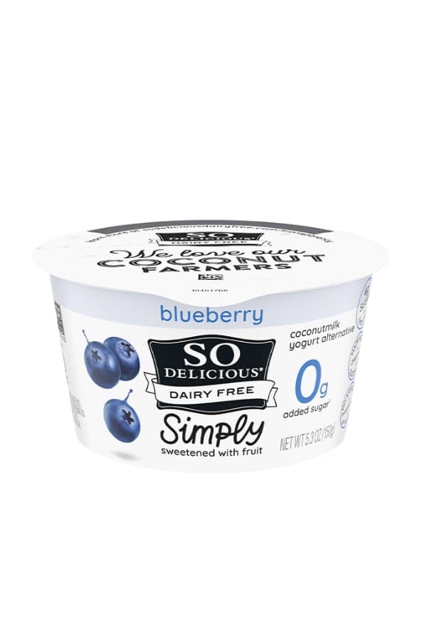 A container of so delicious dairy free blueberry yogurt.