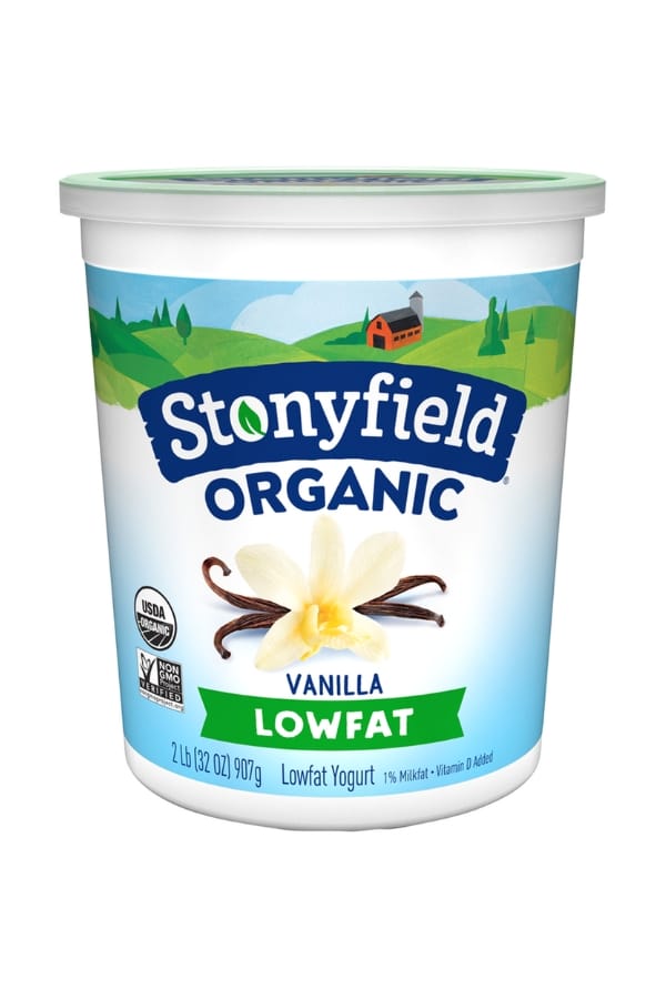 A container of Stonyfield organic lowfat vanilla yogurt.