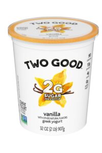 A container of two good vanilla greek yogurt.