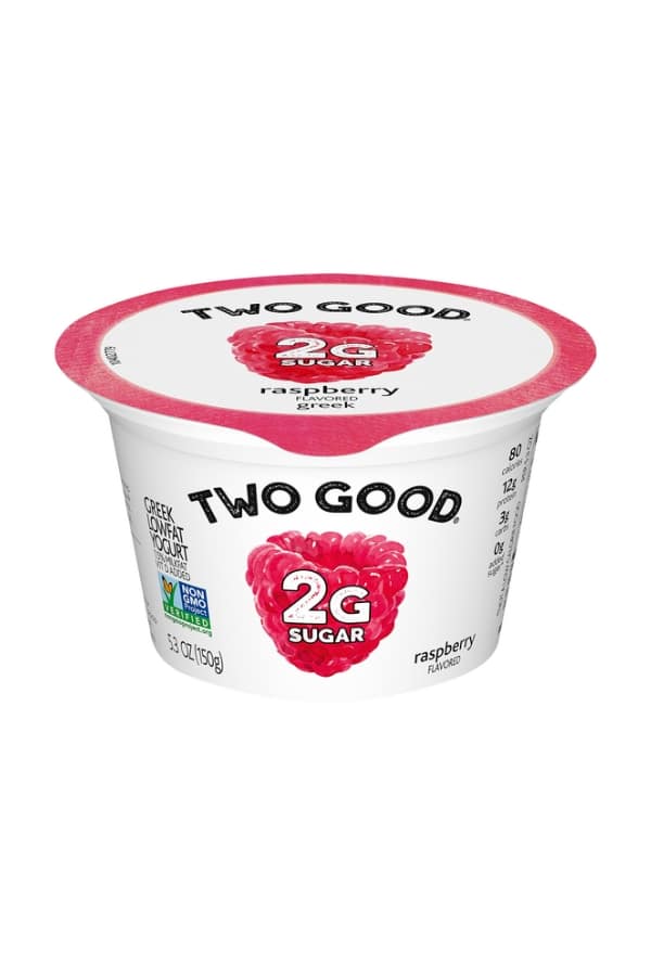 A container of Two Good raspberry yogurt.