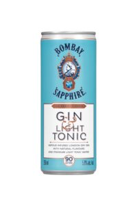 A can of Bombay Sapphire gin and light tonic.