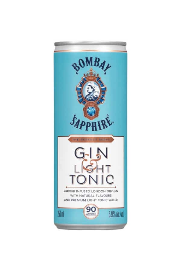 A can of Bombay Sapphire gin and light tonic.