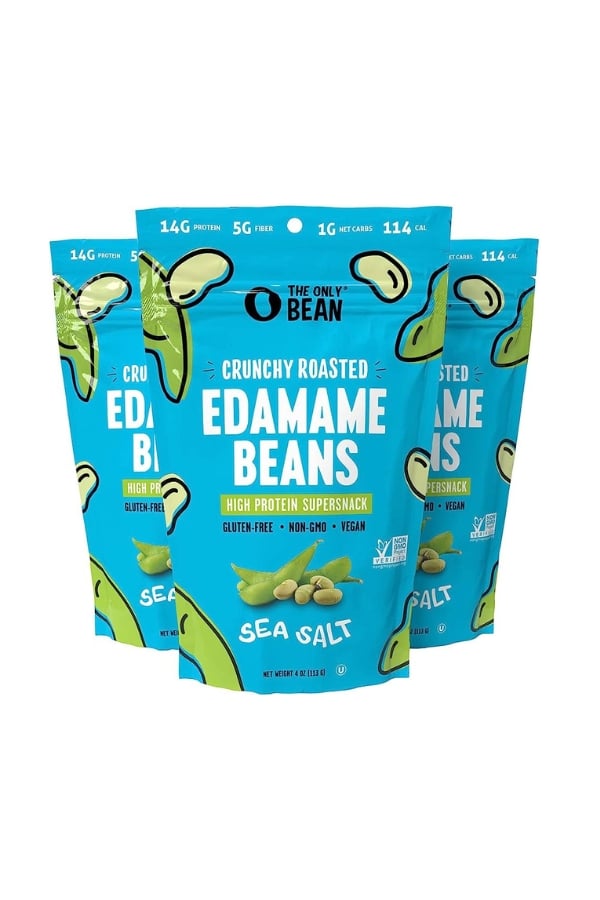 Three bags of the only bean crunchy roasted edamame beans.