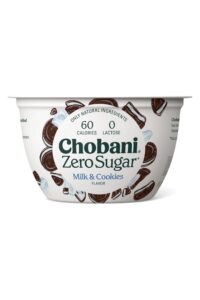 A container of Chobani zero sugar milk and cookies.