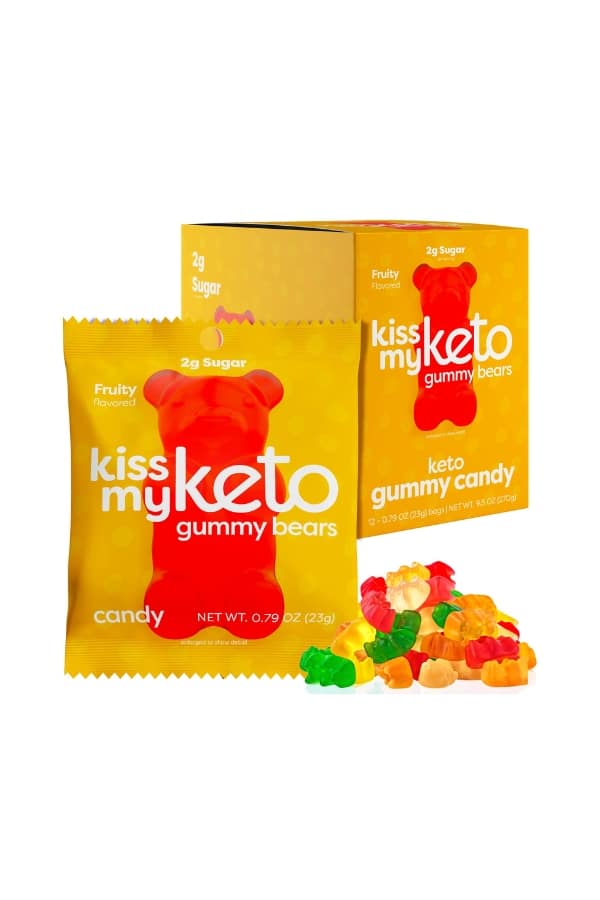 A bag of Kiss My Keto gummy bears with a box behind it.