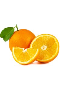 An orange with half an orange and an orange slice in front.