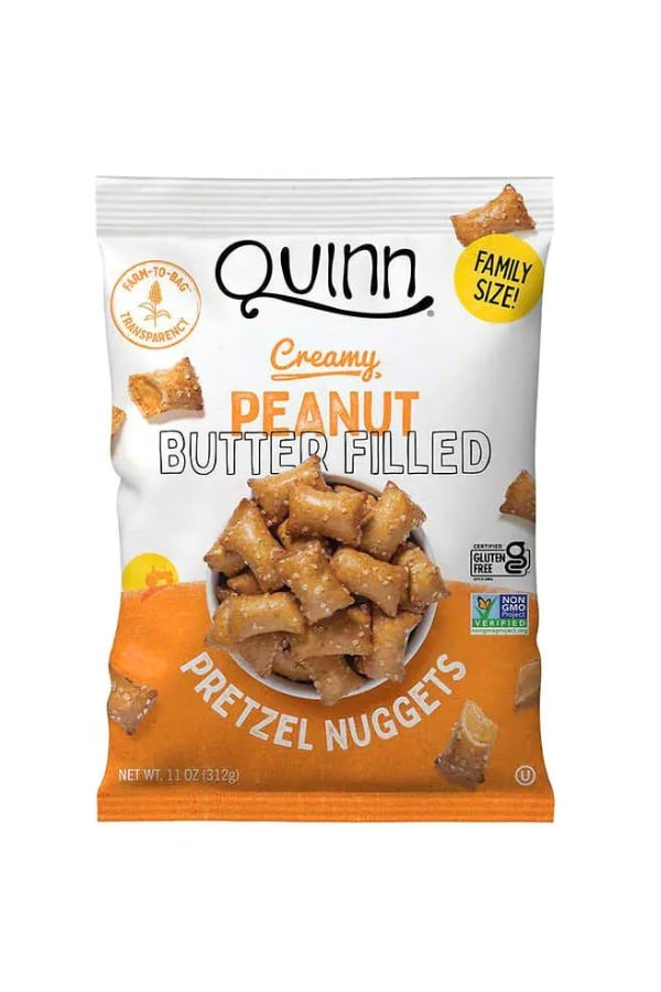 A bag of Quinn creamy peanut butter filled pretzels.