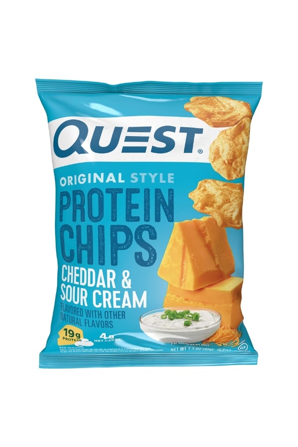 A bag of Quest cheddar and sour cream chips.