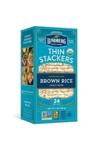 A box of Lundberg thin stackers brown rice cakes.