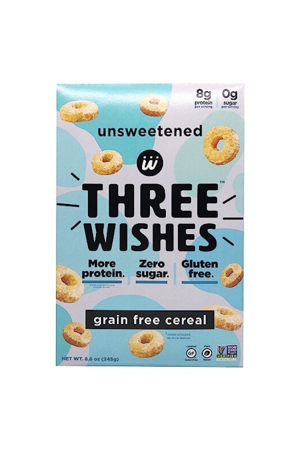 A box of three wishes unsweetened cereal.