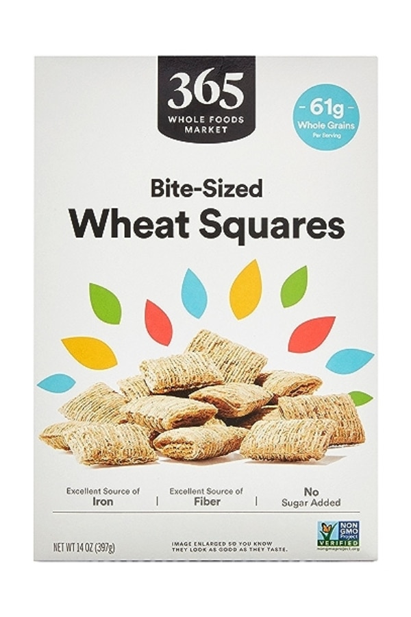 A box of 365 by Whole Foods Market Wheat Squares.