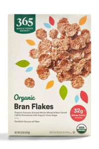 A box of 365 by Whole Foods Organic Bran Flakes.