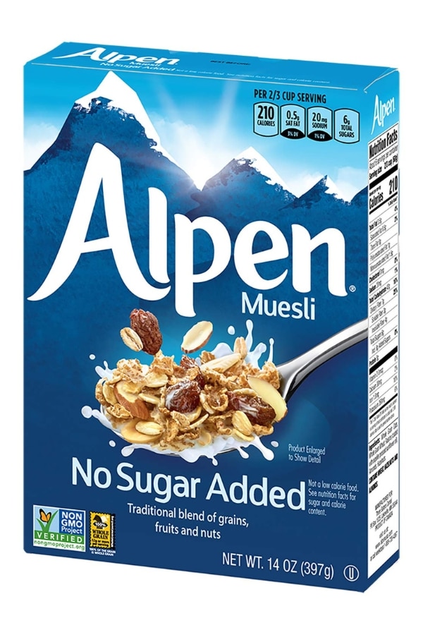 A box of Alpen Muesli No Sugar Added cereal.