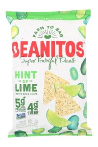 A bag of Beanitos White Bean Tortilla Chips hint of lime.