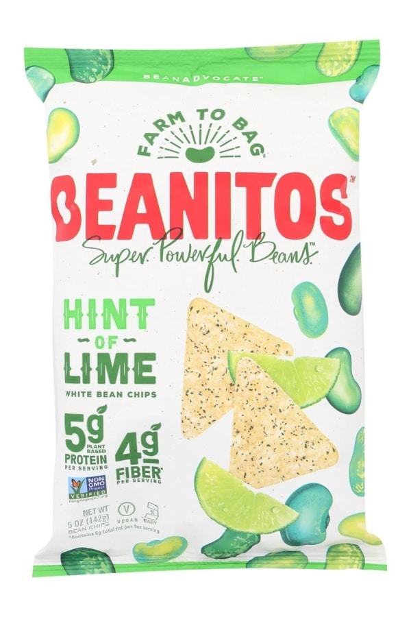 A bag of Beanitos White Bean Tortilla Chips hint of lime.