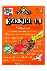 A box of Food for Life Ezekiel Sprouted Grain Crunchy Cereal.