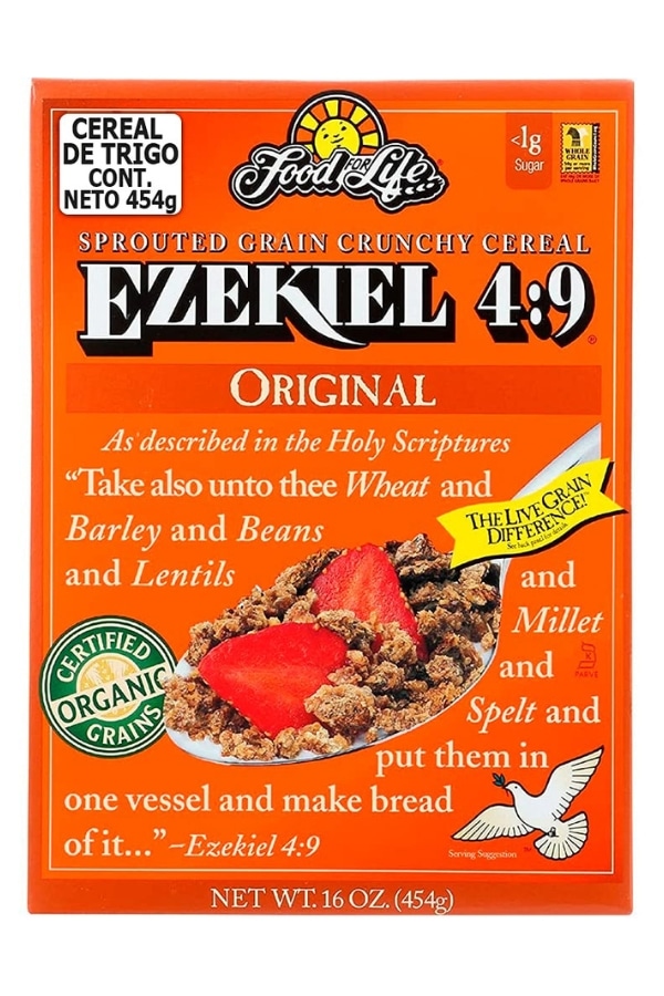 A box of Food for Life Ezekiel Sprouted Grain Crunchy Cereal.