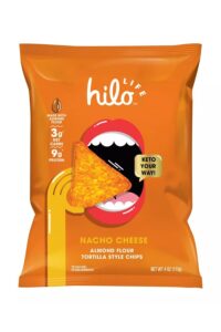 A bag of Hilo Life Almond Flour Tortilla Style Chips nacho cheese..