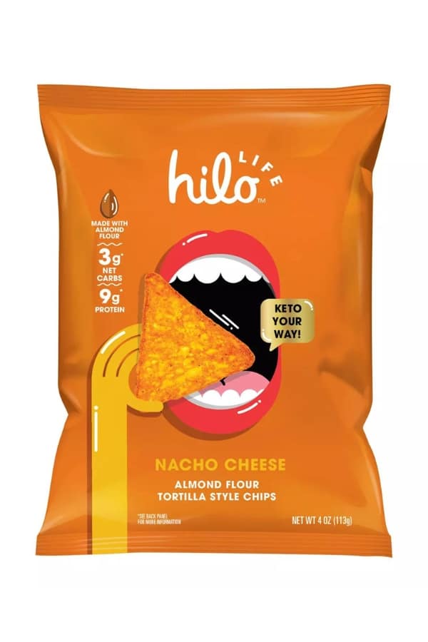 A bag of Hilo Life Almond Flour Tortilla Style Chips nacho cheese..