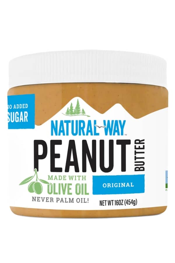 A jar of Natural Way Peanut Butter Made with Olive Oil.