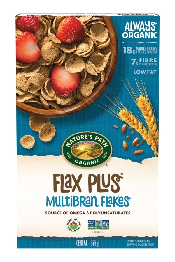 A box of Nature's Path Organic Flax Plus Multibran Flakes.