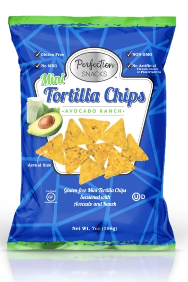 A bag of Perfection Snacks Mini Tortilla Chips.