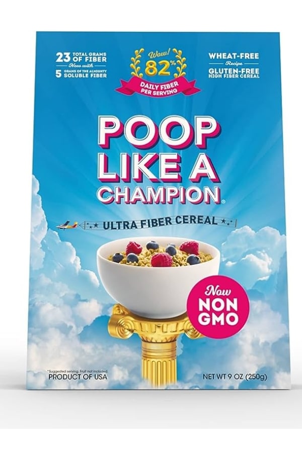 A box of Poop Like a Champion Ultra Fiber Cereal.