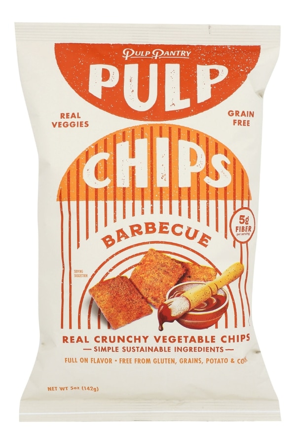 A bag of Pulp Pantry Pulp Chips barbecue flavor.