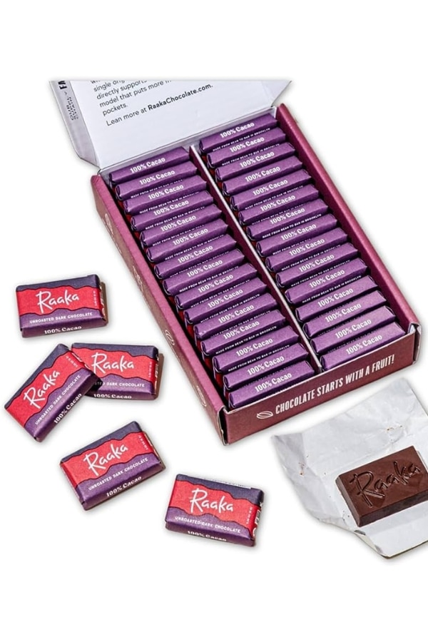 A box of Raaka mini chocolate squares.