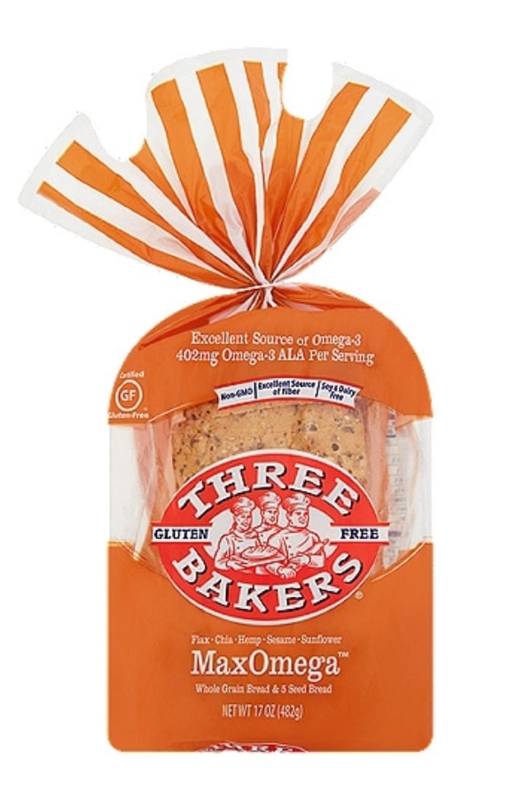 A bag of Three Bakers MaxOmega Bread.