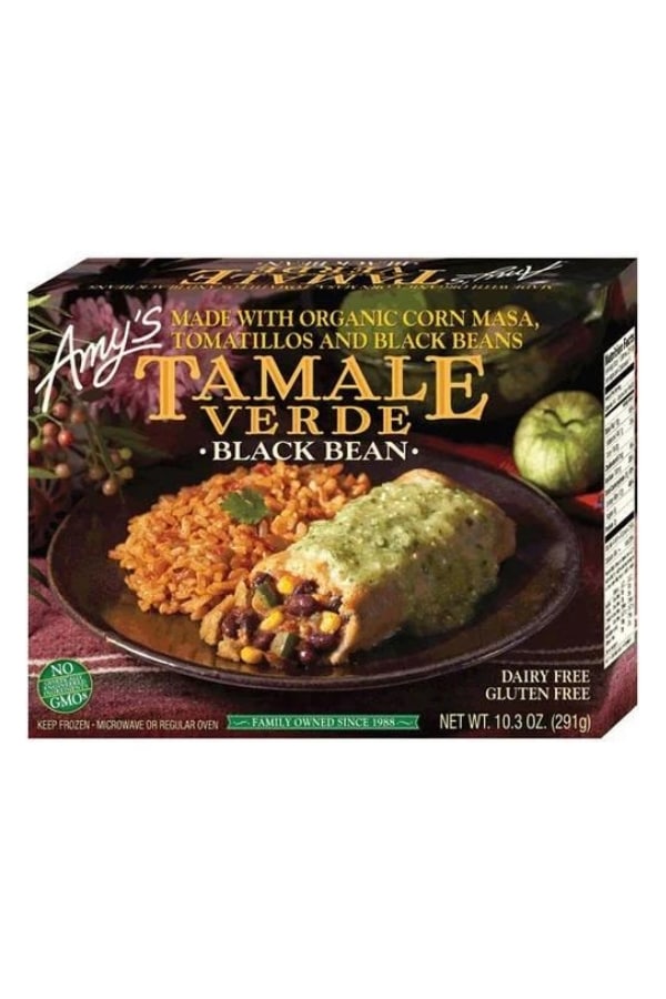 A box of Amy tamale verde black bean burrito.