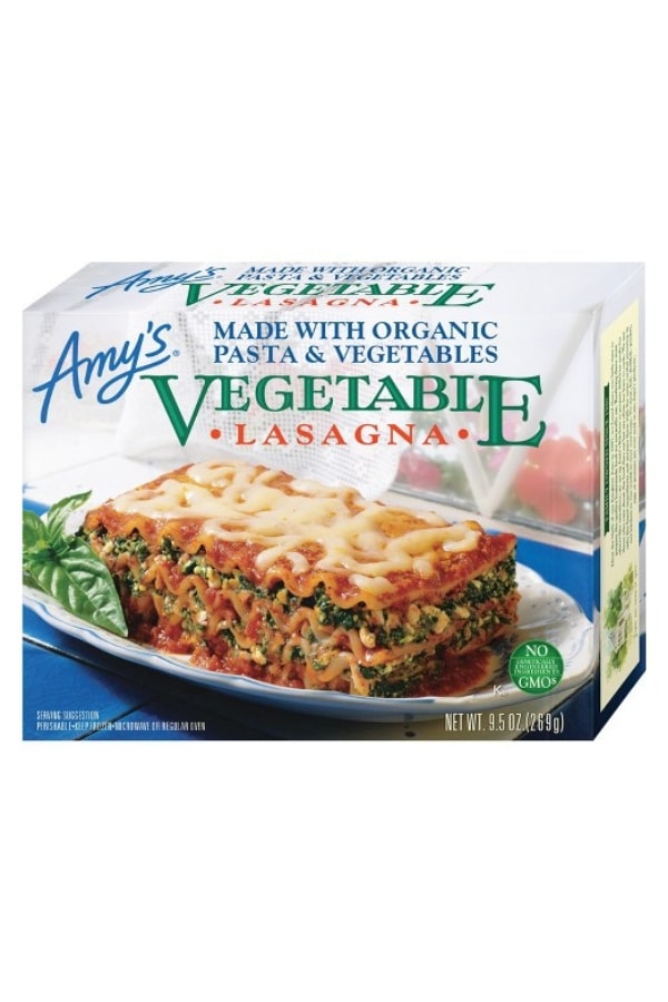 A box of Amy's vegetable lasagna.