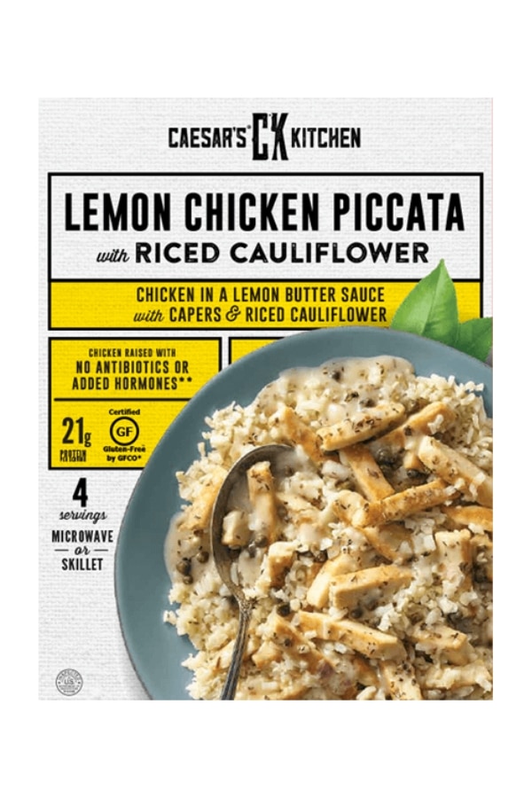 A box of caesars kitchen lemon chicken picatta with riced cauliflower.