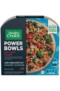 A box of healthy choice power bowl spicy beef teriyaki.