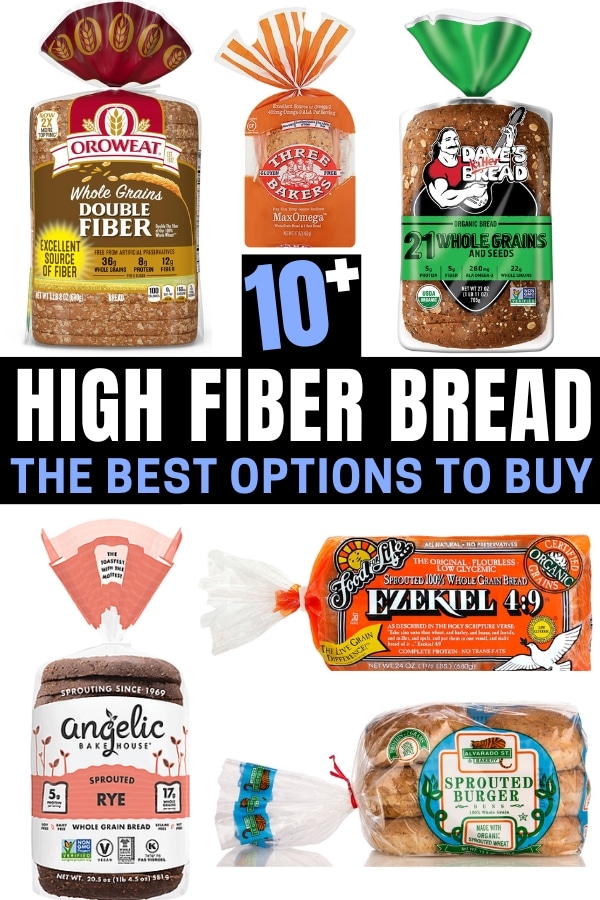 A compilation of high fiber bread options.