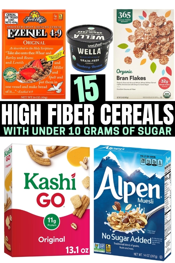 A compilation of five high fiber cereal options.