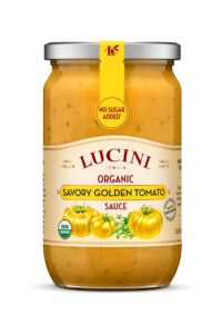 A bottle of lucini golden savory tomato.